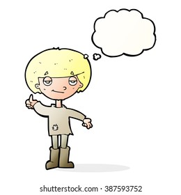 cartoon boy in poor clothing giving thumbs up symbol with thought bubble