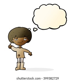 cartoon boy in poor clothing giving thumbs up symbol with thought bubble