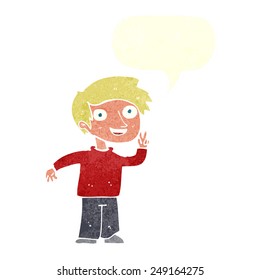 niño de caricatura posando para la foto con burbuja de habla
