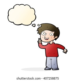 cartoon boy posing for photo with thought bubble