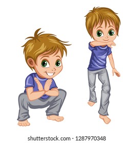 
Cartoon Boy Practice Capoeira Movements. Kid Doing different Elements of Martial arts - Cocorinha and Jinga . Cartoon Design character. Vector illustration 