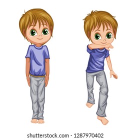 
Cartoon Boy Practice Capoeira Movements. Kid Doing different Elements of Martial arts - Baqueta and Jinga. Cartoon Design character. Vector illustration 