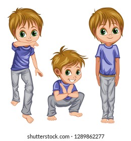 
Cartoon Boy Practice Capoeira Movements. Kid Doing Different Elements of Martial arts - Baqueta, Cocorinha and Jinga. Cartoon Design character. Vector illustration 