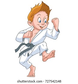 Cartoon boy practicing karate. Colorful book page design for kids and children.