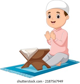 Cartoon boy praying and reading holy Quran