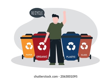 Cartoon boy promote everyone to separate and recycle garbage. Separation and recycling of various wastes. Waste collection, segregation and reclamation. Environmental protection. Vector illustration