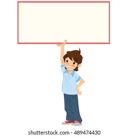 Cartoon boy pupil is holding high and above his head an empty board in order to leave white space so you could add your text 