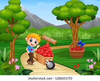 Cartoon boy pushing a pile of hearts in wood trolley on a park road