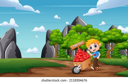 Cartoon a boy pushing a trolley full of heart for you