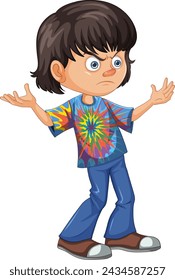 Cartoon boy with a puzzled expression standing.