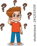 Cartoon boy with question marks on white background. Vector illustration.
