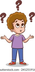 Cartoon boy with question marks on white background. Vector illustration.