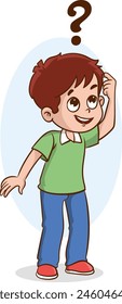 Cartoon boy with question marks on white background. Vector illustration.