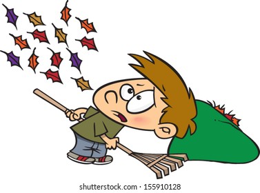 Cartoon boy raking leaves