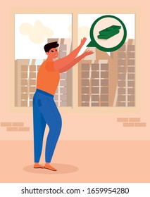 Cartoon Boy Reaching for Green Dollar Banknote Metaphor. Man Standing in Room. Money Reward Social Media Icon. Digital Marketing and Customer Oriented Approach. Vector Flat Illustration