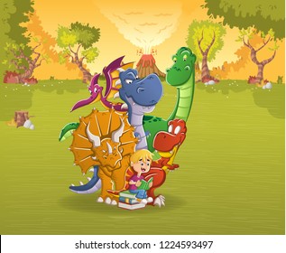 Cartoon boy reading a book to big dinosaurs on a forest with volcano. Prehistoric nature landscape.
