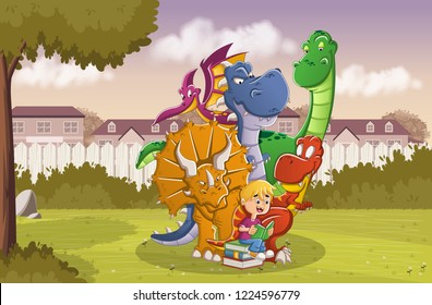 Cartoon boy reading a book to big dinosaurs on the backyard of a colorful house in suburb neighborhood. 
