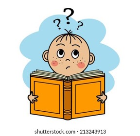 Cartoon boy reading a book and can not understand. Over the head of the boy's question mark