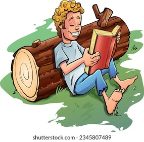 Cartoon boy reading a book. He is leaning on a log outside