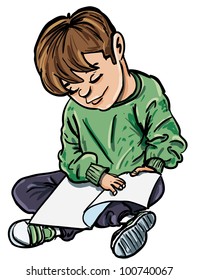 Cartoon of boy reading a book. Isolated