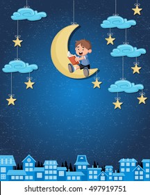 Cartoon boy reading a book on the moon. Sky with moon, stars and clouds hanging on strings over the city.
 