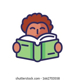 cartoon boy reading a book over white background, line and fill style icon, vector illustration