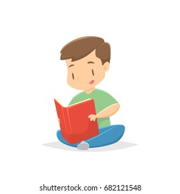 Cartoon boy reading book vector illustration