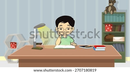 Cartoon Boy Reading Illustration, Boy Boring Expression Vector, Kid Room Background, Boy Character, Homework, Books, Reading Table, Vector Illustration