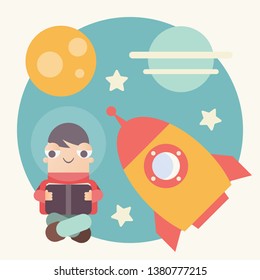 Cartoon Boy Reading and Imagine Himself in Space Outer.  Vector Illustration. Concept - Knowledge, Space, Wisdom. Retro Design.