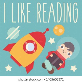 Cartoon Boy Reading and Imagine Himself in Space Outer.  Vector Illustration. Concept - Knowledge, Space, Wisdom. Retro Design. Retro Poster.