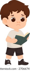 Niño de dibujos animados leyendo con expresión triste