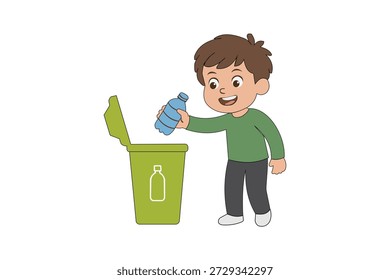 Cartoon Boy Recycling einer Plastikflasche in einem grünen Recycling-Behälter Kind.