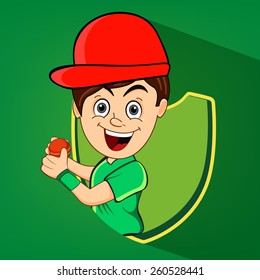 Cartoon of a boy with red cricket ball and winning shield on green background.
