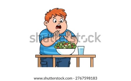 cartoon boy refusing salad at table with shocked expression