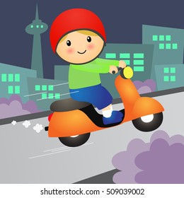 Cartoon Boy ride Motorcycle Scooter.Vector Illustration.