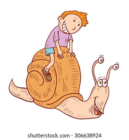 cartoon boy ride snail,  vector illustration.