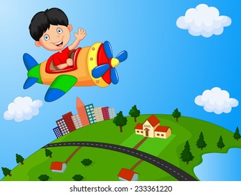 Cartoon boy riding airplane