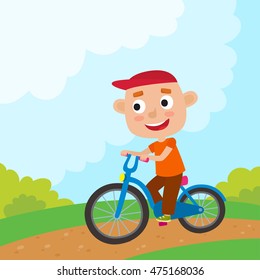 Cartoon boy riding a bike having fun riding bicycles summer break outdoor recreation for kids. Vector character design on kids used for child books, stickers, posters, web pages.