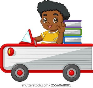 Cartoon boy riding a book car of illustration