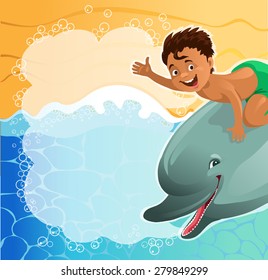 Cartoon. A boy riding a dolphin with speech bubbles happily waving at the beach background. The file is saved in the version AI10 EPS. This image contains transparency. 