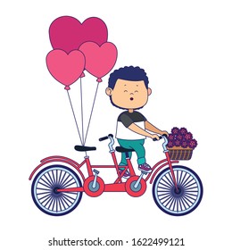 cartoon boy riding a double bike with flowers and hearts balloons over white background, vector illustration