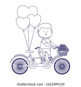 cartoon boy riding a double bike with flowers and hearts balloons over white background, flat design, vector illustration
