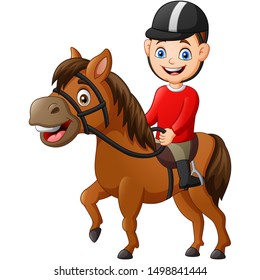 Niño de caricatura montando caballo. ilustración vectorial