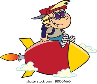 cartoon boy riding on a rocket