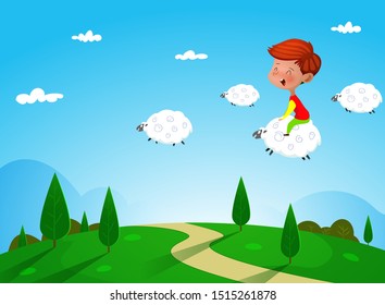 Cartoon boy riding on a sheep. Dreaming concept illustration