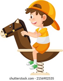 Cartoon boy riding on spring rocking horse illustration