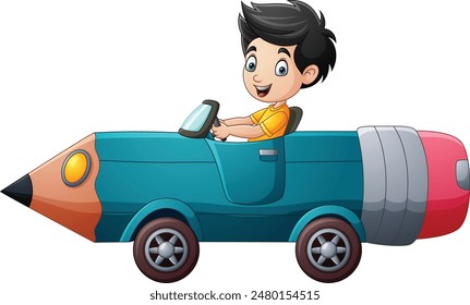 Cartoon boy riding a pencil car