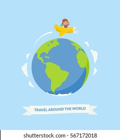 Cartoon boy riding plane around the world. Air travel. Cute pilot on a yellow airplane flying over the planet earth. Vector illustration in flat style