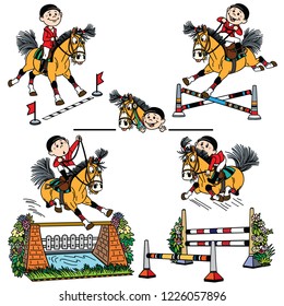 cartoon boy riding a pony horse and jumps over obstacle on show jumping competition . Funny equestrian sport .Set of vector illustrations 