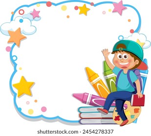 Cartoon boy riding rocket on starry background frame